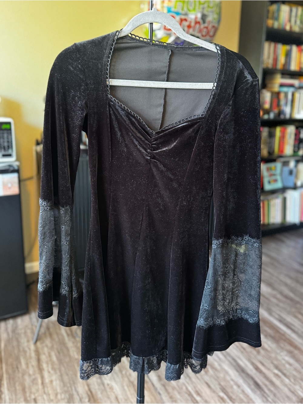 SHEIN Black Velvet Lace-Trim Mini Dress